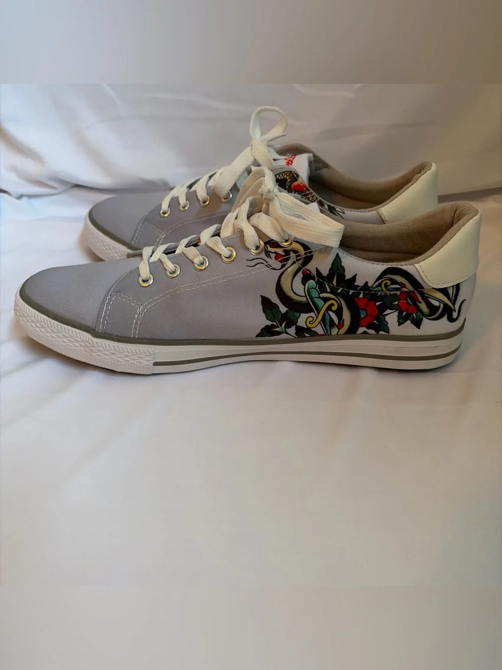 Ed Hardy Men’s Light Gray Canvas Sneakers with Red Logo